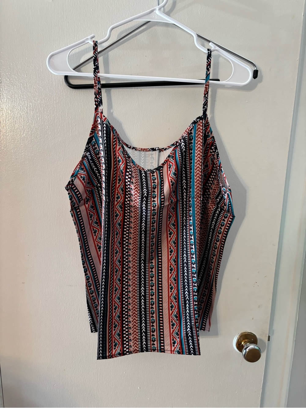 Striped Aztec Print Spaghetti Strap Tank Top - Coral/Black